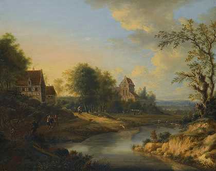 约翰·克里斯蒂安·沃勒特（Johann Christian Vollerdt）的《河岸人物和放羊的河流风景》