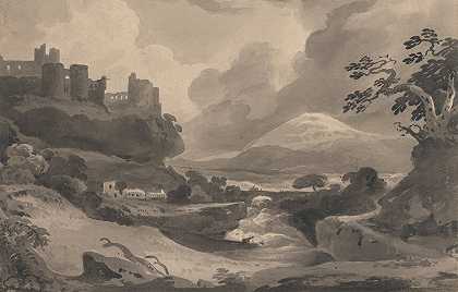 约翰·瓦利的《悬崖上城堡废墟的山景》