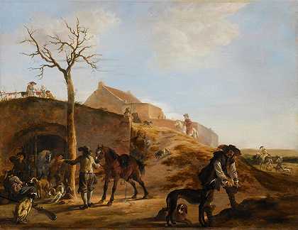 德克·斯托普（Dirk Stoop）的《运动员与猎犬和马一起准备狩猎的风景》