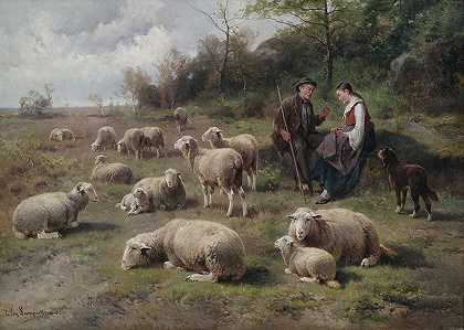 科内利斯·范·利姆普滕（Cornelis Van Leemputten）的《牧羊人夫妇与牧群在牧场风景》