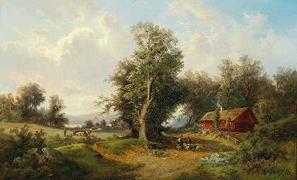 古斯塔夫·巴巴里尼（Gustav Barbarini）的《阿尔卑斯山麓牧牛风景》