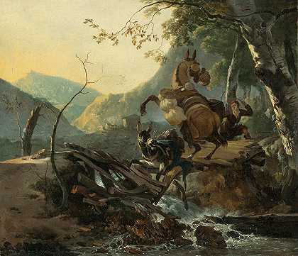 亚当·派纳克的《一头驴和一匹养马穿过倒塌的桥的意大利风景》