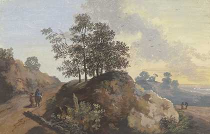 约翰·亚历山大·蒂勒（Johann Alexander Thiele）的《两条小路之间有岩石的树木部分，左两人，一人骑马，右两人，远眺远方》