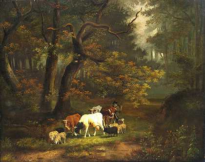 Cornelis Johannes de Vogel的《森林内部与小群牛羊》