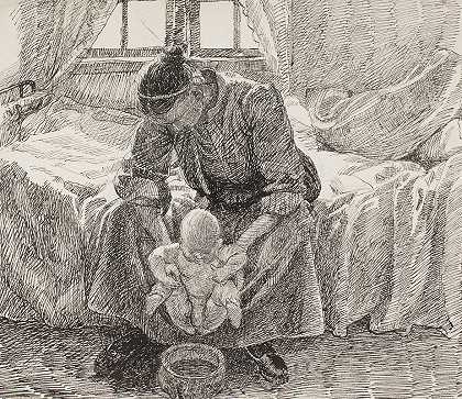 弗里茨·西伯格（Fritz Syberg）《艺术家的妻子抱着孩子向前走》