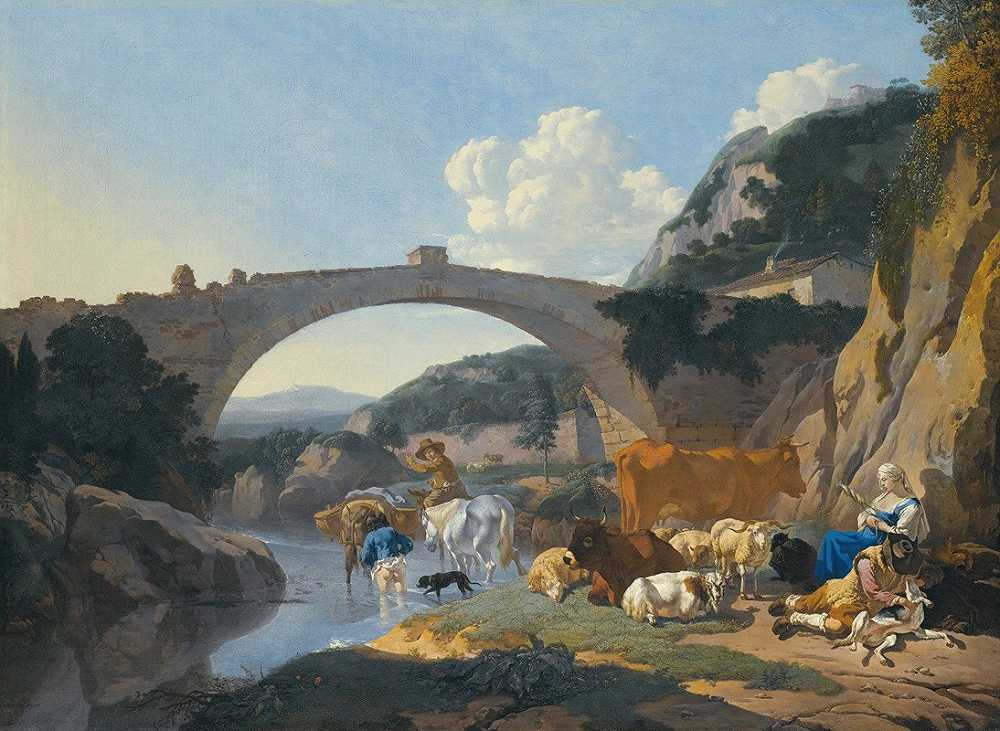 Karel Dujardin的《意大利风景，牧民和动物在桥下的河边休息》