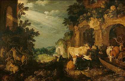 罗兰·萨弗里的《废墟、牛和鹿的风景》