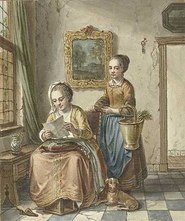 “坐在女仆身边的女人，读着威廉·约瑟夫·拉奎的一封信