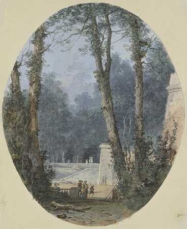 路易·加布里埃尔·莫劳的《公园风景，高树和石坡道在中场》