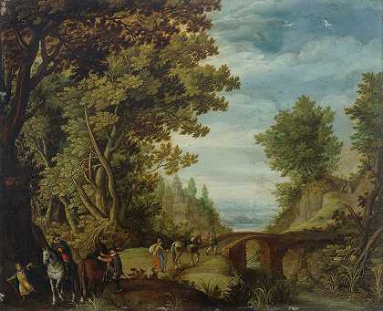 “阿德里安·范·斯塔尔贝姆（Adrian van Stalbemt）的一幅树木繁茂的风景画，游客穿过一座桥