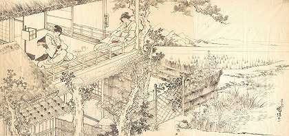 《从茶馆欣赏风景的两位礼宾》，作者：宇川久奈田（Toyokuni III）
