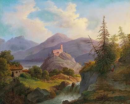 马蒂亚斯·鲁道夫·托马的《山洪和远处城堡的风景》