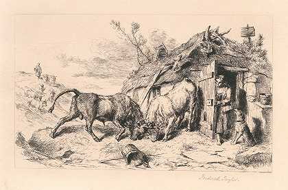 约翰·弗雷德里克·泰勒（John Frederick Tayler）的《两头公牛在小屋边打架》