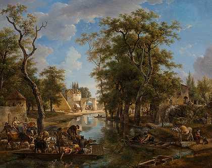 让·路易斯·德马恩（Jean Louis Demarne）的《一个生动的运河场景，渡轮和船只运送着市民和动物》
