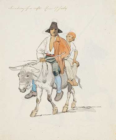 “一个意大利农民和他的儿子坐在一个驴镇上约翰·托马斯·伦德拜