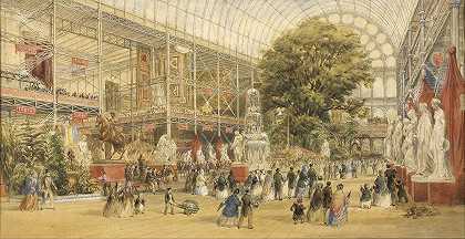 “维多利亚女王于1851年在伦敦水晶宫开幕，由托马斯·阿贝尔·普里尔（Thomas Abel Prior）