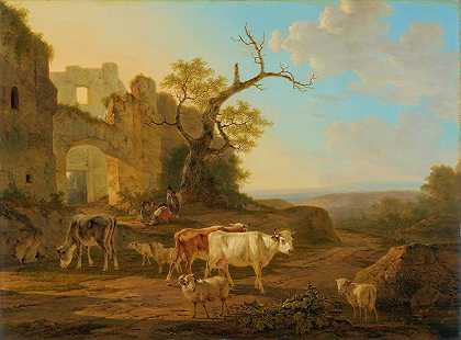 雅各布·范·斯特里吉《废墟附近的奶牛风景》
