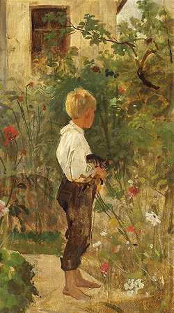 约瑟夫·哈斯尔旺德的《花园里有猫的男孩》