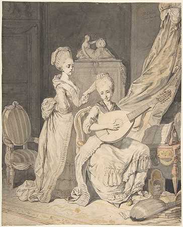 皮埃尔·亚历山德雷·威尔的《两个女人在优雅的室内一位歌手与一位路德家相伴》