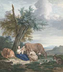 阿尔特·肖曼（Aert Schouman）的《在一片有牛的风景中的农民和带着孩子的农民》