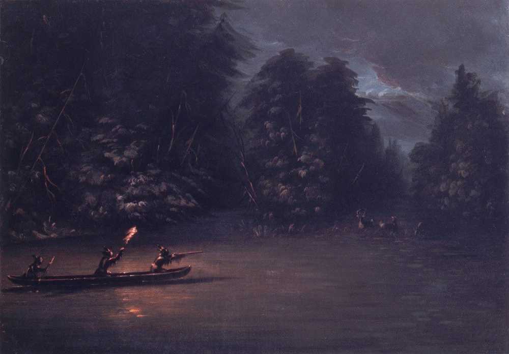 乔治·卡特林（George Catlin）的《在树皮独木舟上用手电筒猎鹿》
