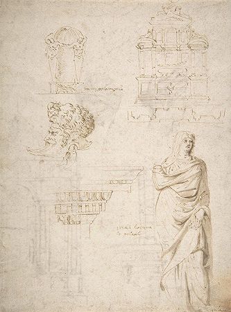 米开朗基罗·布昂纳罗蒂（Michelangelo Buonarroti）的《葬礼纪念碑草图、雕像壁龛、人头头盔、Entablature和女性雕像》