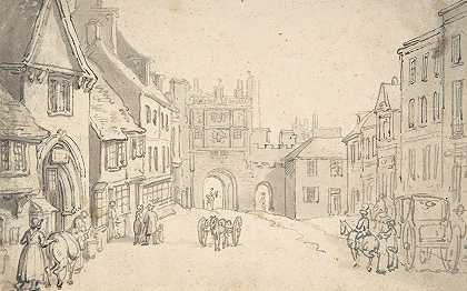 托马斯·罗兰森（Thomas Rowlandson）的《带中世纪大门的城市风景》（也许是约克）