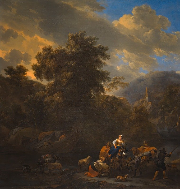 尼古拉斯·皮特斯（Nicolaes Pietersz）的《河岸上的人物和群居动物的意大利风景》。Berchem