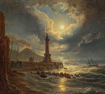 约瑟夫·瑞贝尔的《那不勒斯港月光下的灯塔》