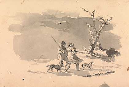 托马斯·萨利的《两个猎人和两只狗在冬天的场景》
