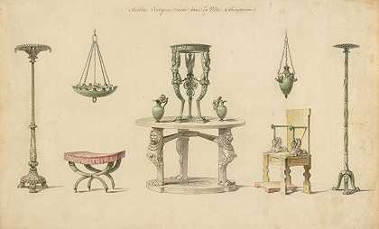 Pierre Adrien Pâris在Herculaneum发现的花瓶、家具和物品