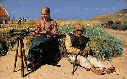 “风景中的人物。迈克尔·安彻（Michael Ancher）在沙丘中的盲人克里斯蒂安（Kristian）和蒂娜（Tine）