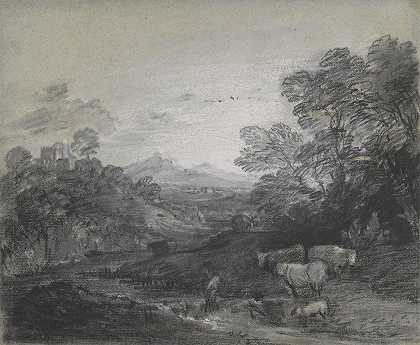托马斯·盖恩斯伯勒（Thomas Gainsborough）的《牧民和牛、山上的建筑和乡村情侣的森林风景》