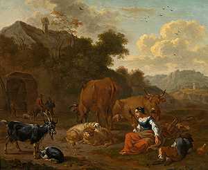 德克·范·伯根（Dirck van Bergen）的《纺纱机和牛的风景》