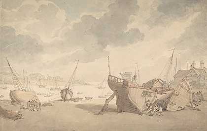 托马斯·罗兰森（Thomas Rowlandson）的《退潮的港口场景和搁浅的船只》