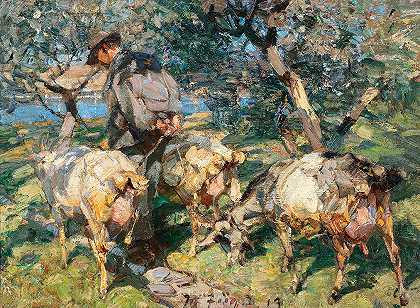 Heinrich Von Zügel的《放羊人在去水的路上》