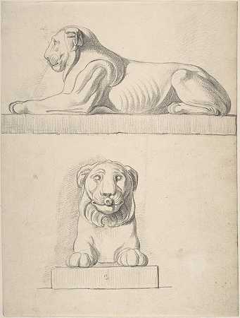 托马斯·哈德威克的《狮子的古典雕塑，正面和侧面视图》