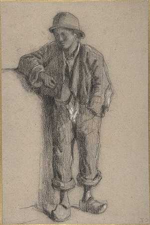 “一个戴帽子、穿木鞋的站着的农民男孩”