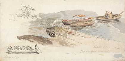 “码头上的一艘有篷船和两艘划船插图左侧，詹姆斯·沃德对锡顿牲畜渡船的铅笔研究