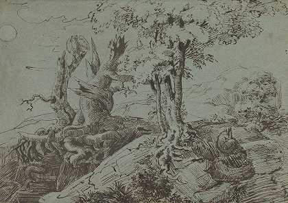 路德维希·埃米尔·格林姆的《月光风景，一个女人坐在树根旁，一只猫头鹰》