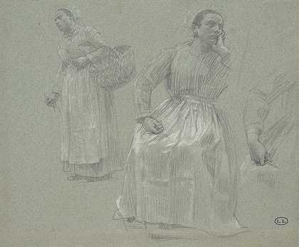 Léon Augustin Lhermitte的《两个女人，一个坐着，一个拿着篮子的研究》