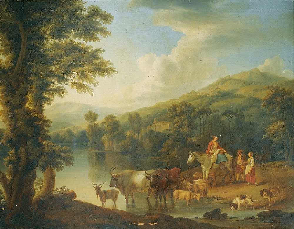 雅各布·菲利普·哈克特（Jakob Philipp Hackert）的《森林河流风景，一个女人骑在灰色的马上，动物在浇水》