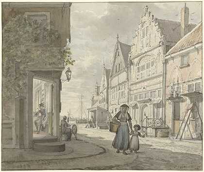 Johannes Jelgerhuis的《一个渔村里的女人和一个孩子在街上散步》