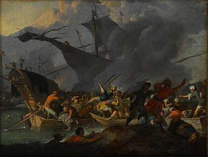 约翰·林格尔巴赫（Johannes Lingelbach）的《1571年莱潘托战役》（Battle of Lepanto），前景中拥挤的船只和士兵奋力靠岸