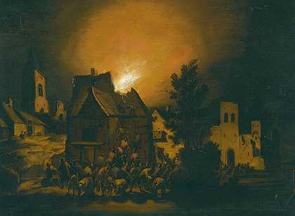 阿德里安·利文斯（Adrian Lievensz.van der Poel）《农民在夜间扑灭村庄大火》