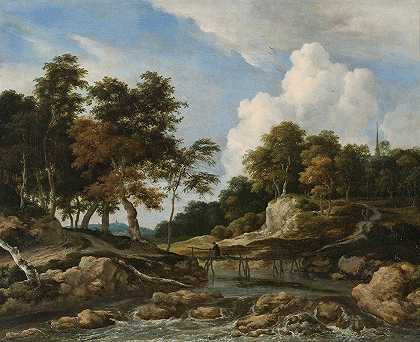 雅各布·范·鲁伊斯代尔（Jacob van Ruisdael）的《有桥的森林河流风景，远处的教堂》
