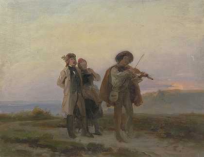 雅各布·贝克尔的《傍晚散步，小提琴手和田里的农民夫妇》