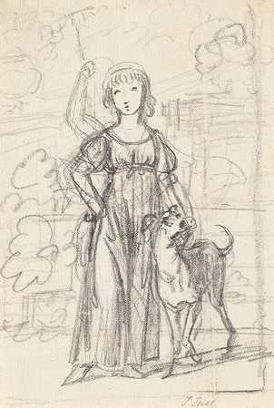詹斯·朱尔（Jens Juel）的花园楼梯旁，一个年轻女孩的肖像草稿，右手放在一边，左臂搂着狗的脖子