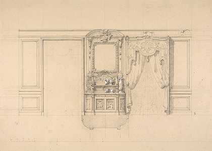 Jules Edmond Charles Lachaise的“餐厅立面图，带有雕花自助餐和窗帘