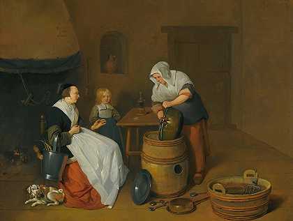 Quirijn Van Breklenkam的《一个女人在厨房里和女佣说话，带着孩子、狗和火》